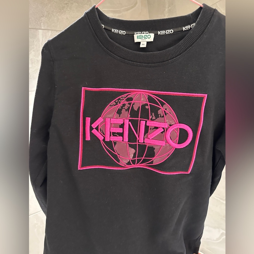 Kenzo Black Crewneck with Pink Globe Embroidery